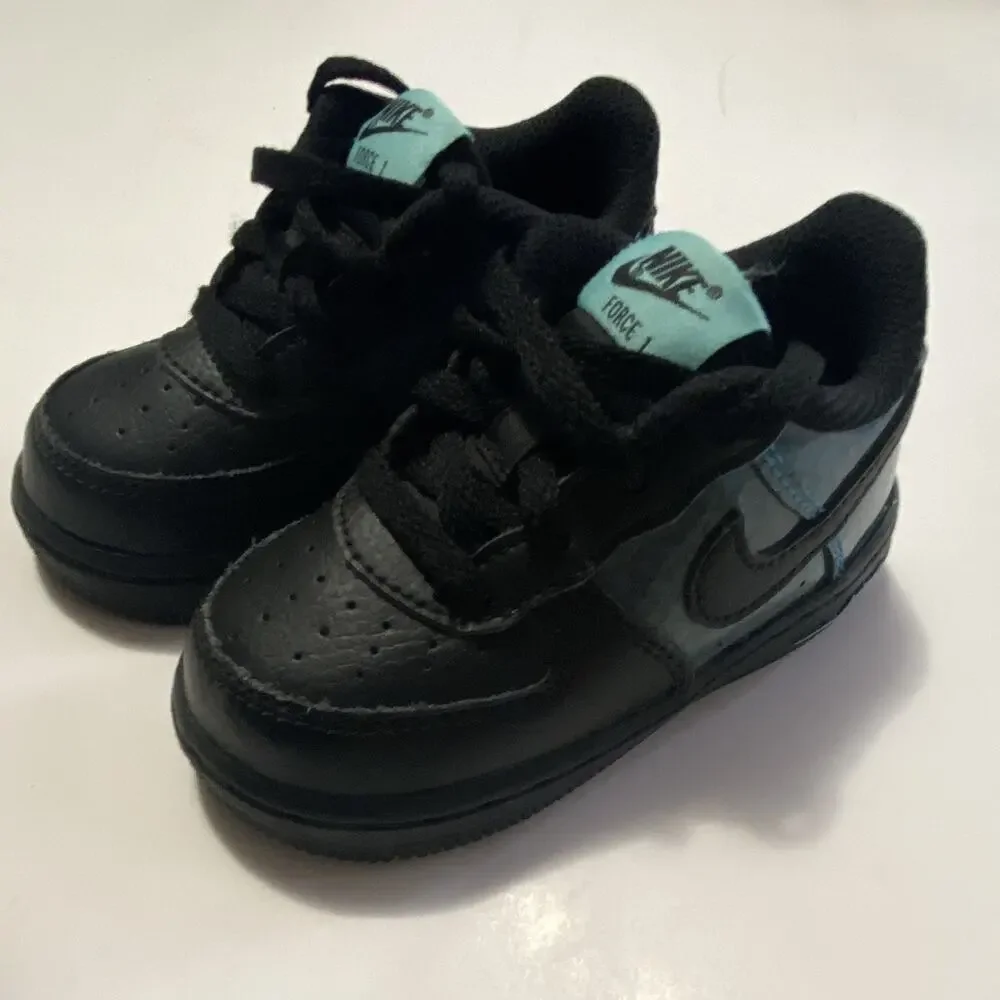 Nike Air Force 1 Toddler Low Top Sneakers Lace Up Leather Black/Blue